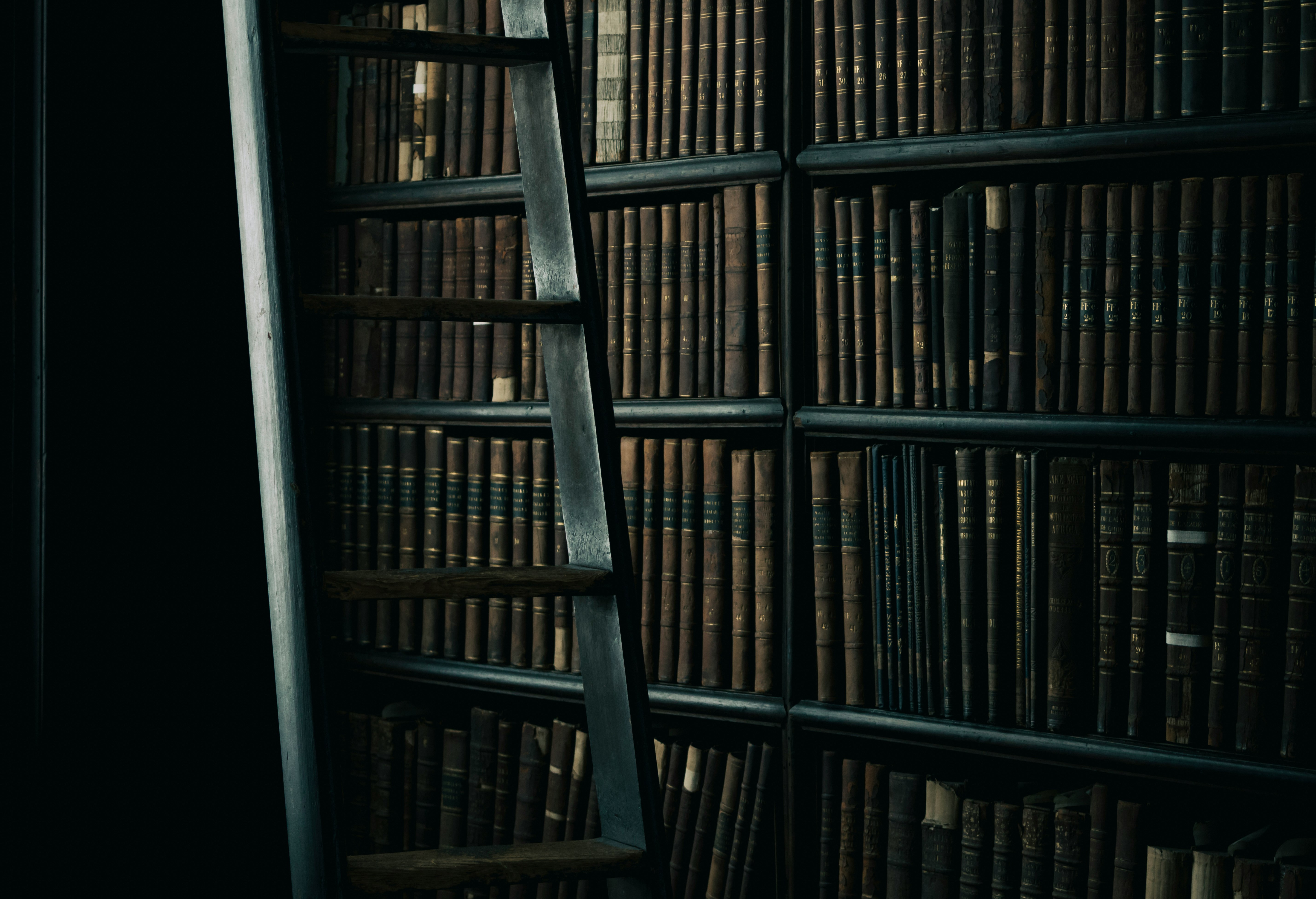 black wooden ladder beside brown wooden bookshelf